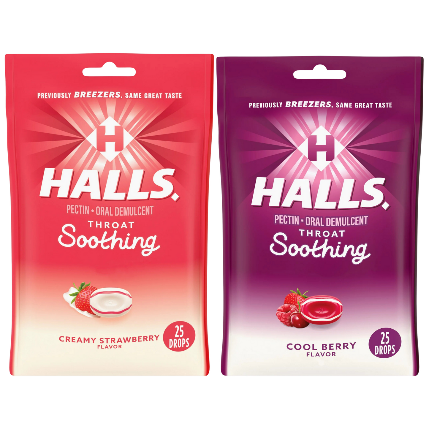 Halls Throat Soothing (Formerly Halls Breezers) Cool Berry Throat Drops 25 Count Per Bag and Halls Throat Soothing Creamy Strawberry-Cough Drops for Throat 25ct (Pack of 2 (1 of Each))