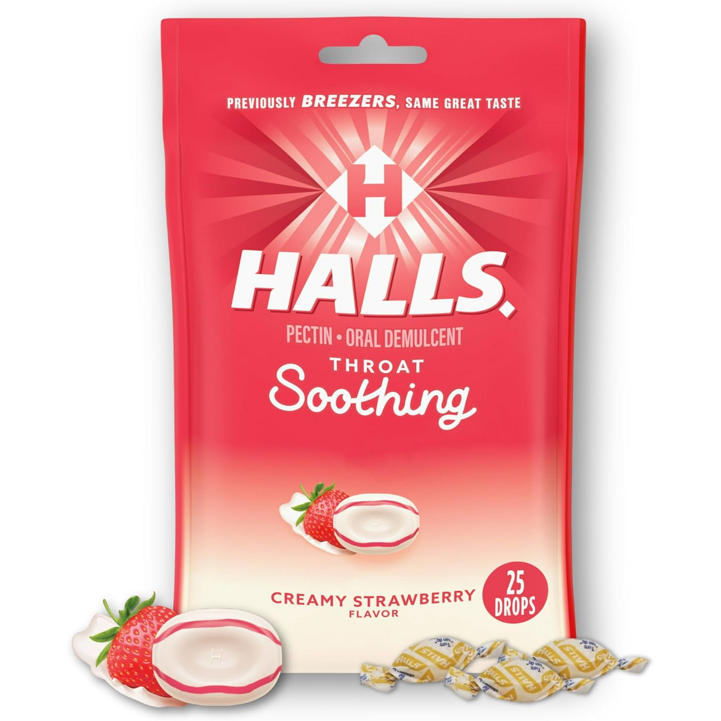 Halls Throat Soothing Creamy Strawberry-Cough Drops for Throat (Formerly Fruit Breezers) 25ct (Pack of 1)