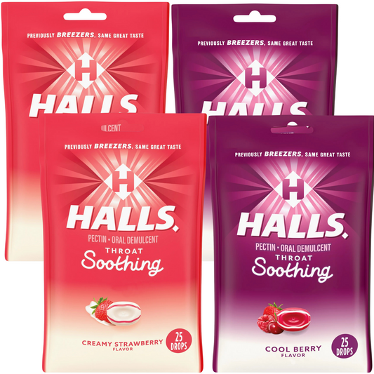Halls Throat Soothing (Formerly Halls Breezers) Cool Berry Throat Drops 25 Count Per Bag and Halls Throat Soothing Creamy Strawberry-Cough Drops for Throat 25ct (Pack of 4 (2 of Each))
