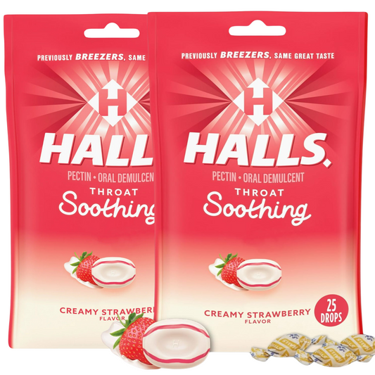 Halls Throat Soothing Creamy Strawberry-Cough Drops for Throat (Formerly Fruit Breezers) 25ct (Pack of 2)
