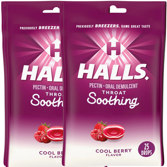 Halls Throat Soothing (Formerly Halls Breezers) Cool Berry Throat Drops 25 Count Per Bag (2 Pack)