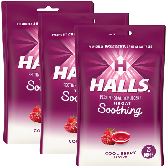 Halls Throat Soothing (Formerly Halls Breezers) Cool Berry Throat Drops 25 Count Per Bag (3 Pack)